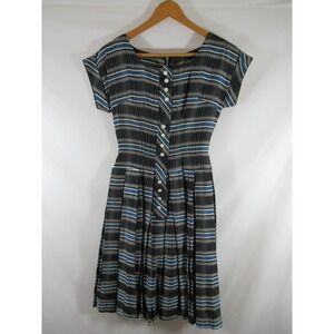 Vintage 50s 60s Pleated A-Line Dress Women Black/Blue Short Sleeve Midi